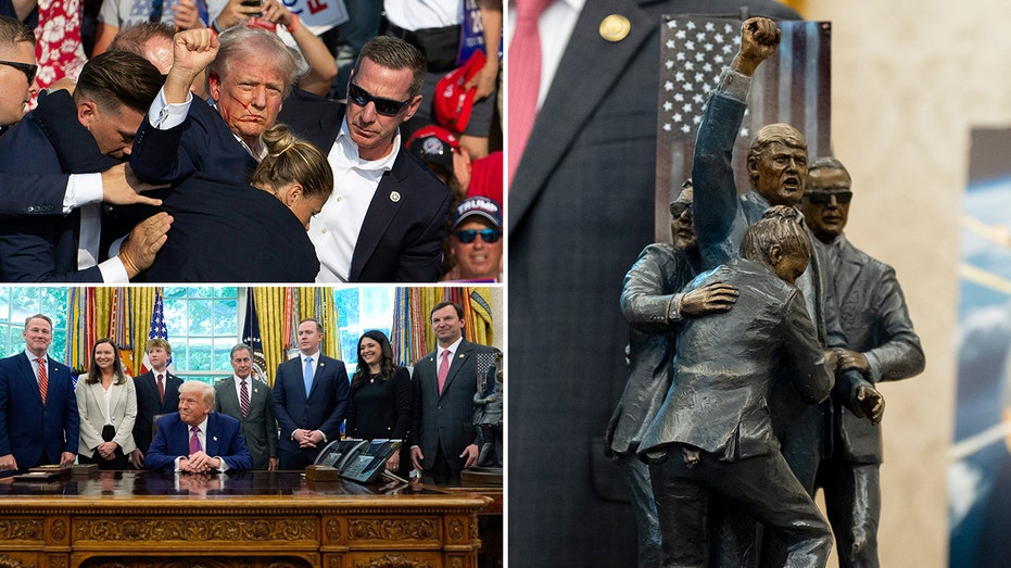 Bronze Sculpture of Trump’s Defiant Moment in Assassination Attempt Graces Oval Office